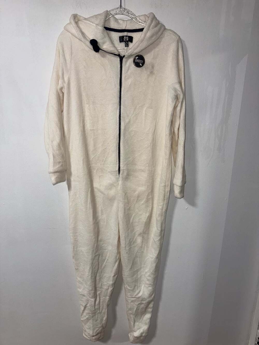 PJ Essentials White Ghost Hooded Fuzzy One-Piece Pajamas Size M